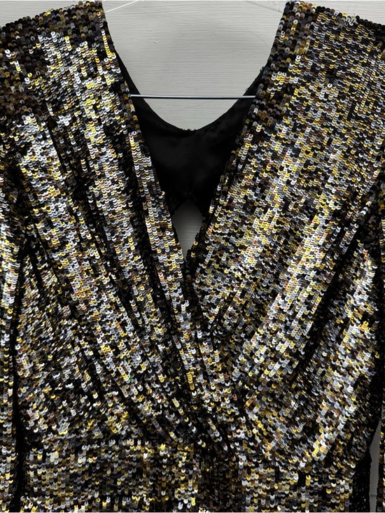 Parker Silk Sequin Mini Dress Gold Black Long Sleeve V Neck Party L - Picture 3 of 15